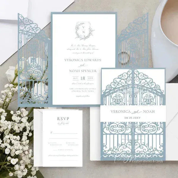 minimal leaf crest dusty blue wedding invitations ROSG22