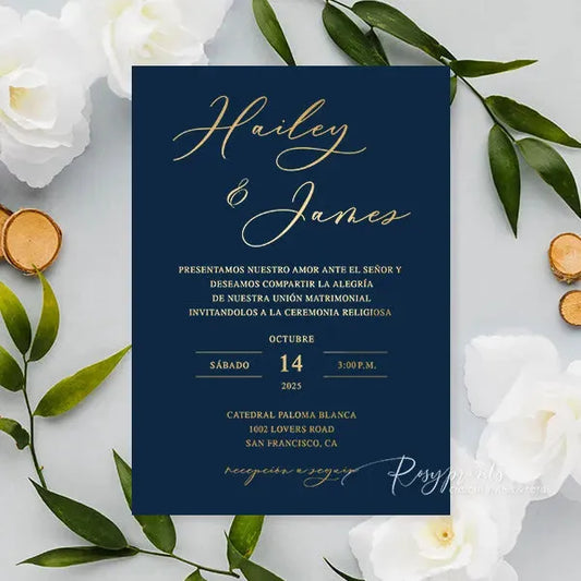 gold foil print navy blue wedding invitations ROSYF07