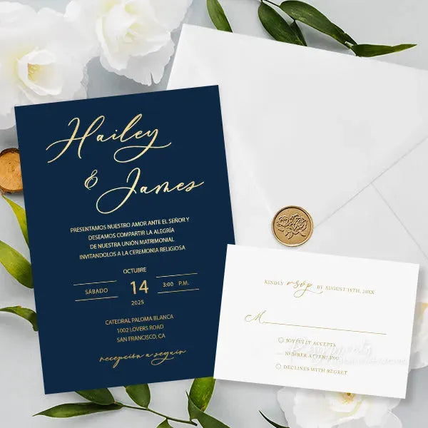 gold foil print navy blue wedding invitations ROSYF07