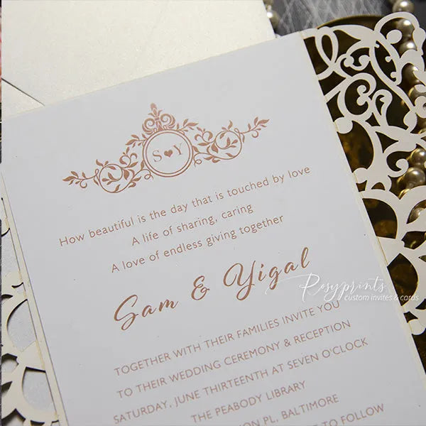 vintage glitter gold wedding invitations with lace gatefold ROSG33 - Rosy Prints