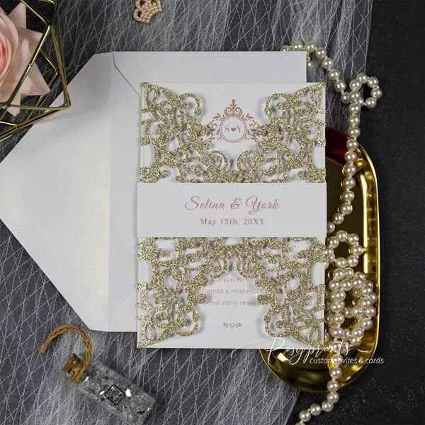 vintage glitter gold wedding invitations with lace gatefold ROSG33 - Rosy Prints