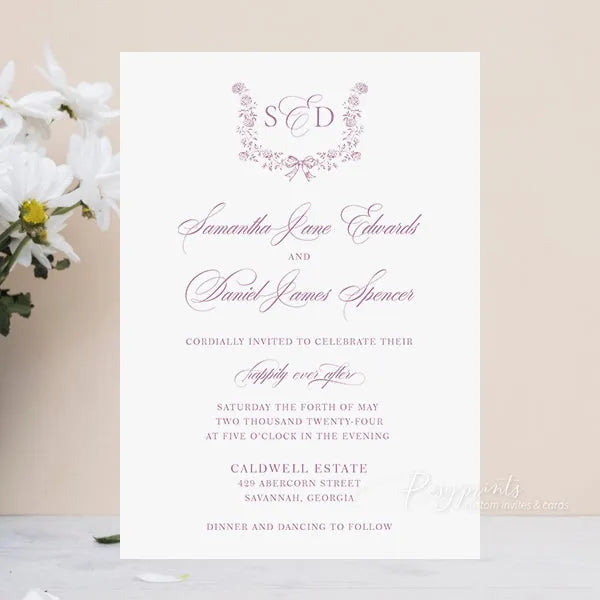 vintage dusty rose mauve flower wedding invitations