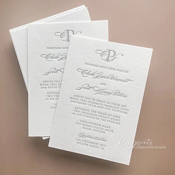 simple elegant letterpress wedding invitations ROSYL01 - Rosy Prints