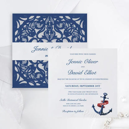 elegant nautical beach navy blue wedding invitations