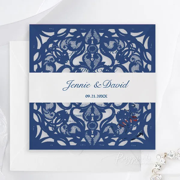 elegant nautical beach navy blue wedding invitations