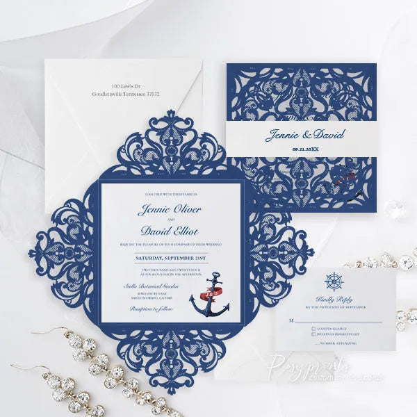 elegant nautical beach navy blue wedding invitations ROSYP37