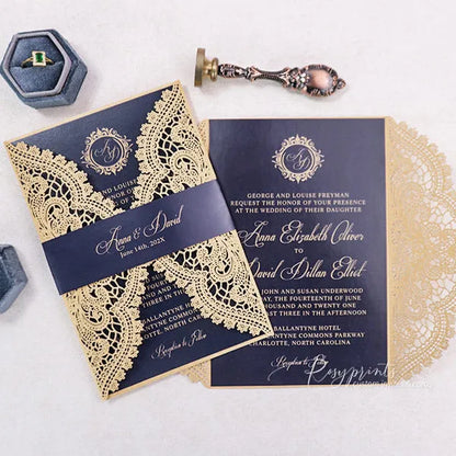 classic lace navy blue and gold wedding invitations