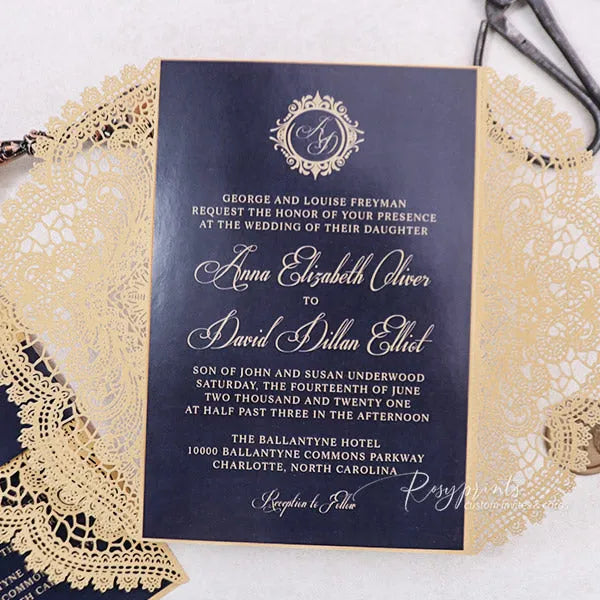 classic lace navy blue and gold wedding invitations