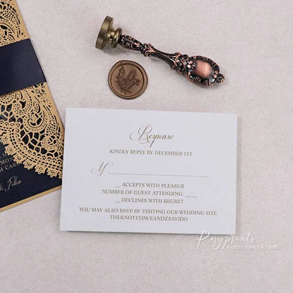 classic lace navy blue and gold wedding invitations