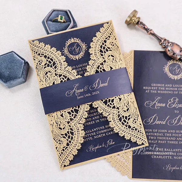 classic lace navy blue and gold wedding invitations