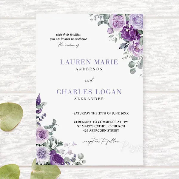 lilac and purple floral wedding invitations RPFLAT20