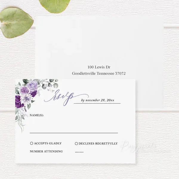 lilac and purple floral wedding invitations RPFLAT20