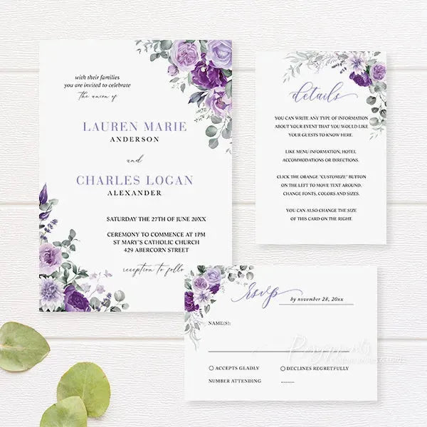 lilac and purple floral wedding invitations RPFLAT20