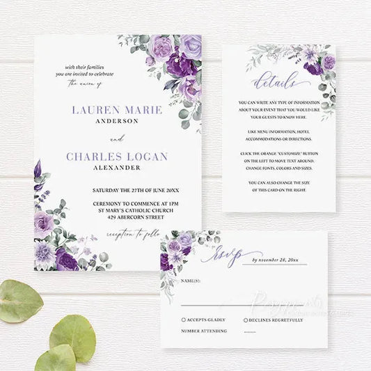 lilac and purple floral wedding invitations RPFLAT20