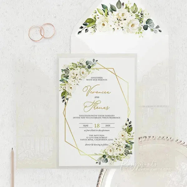 elegant floral white and gold wedding invitations ROSG06 - Rosy Prints