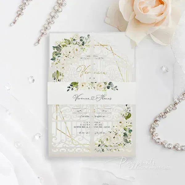 elegant floral white and gold wedding invitations ROSG06 - Rosy Prints