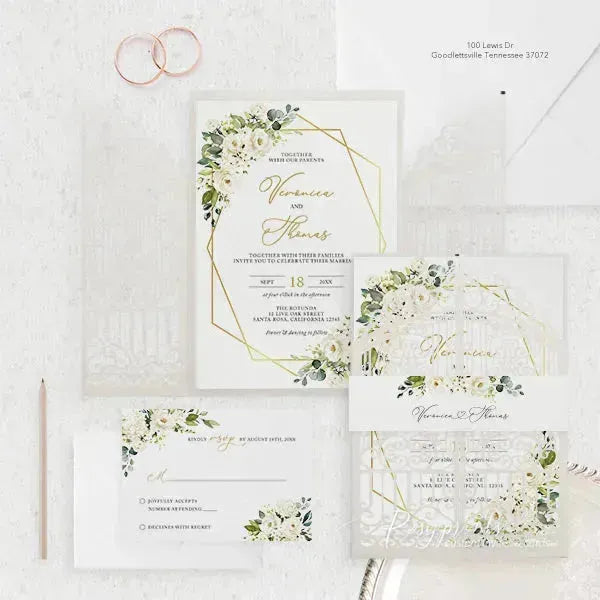 elegant floral white and gold wedding invitations ROSG06 - Rosy Prints