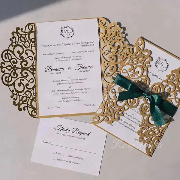 emerald green and gold wedding invitations ROSG08