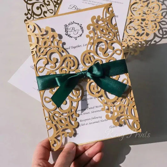 emerald green and gold wedding invitations ROSG08