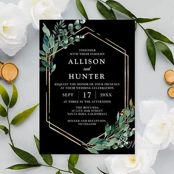 black gold and emerald green wedding invitations RPFLAT09 - Rosy Prints