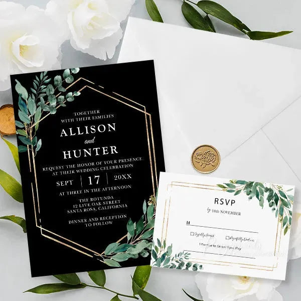 black gold and emerald green wedding invitations RPFLAT09 - Rosy Prints