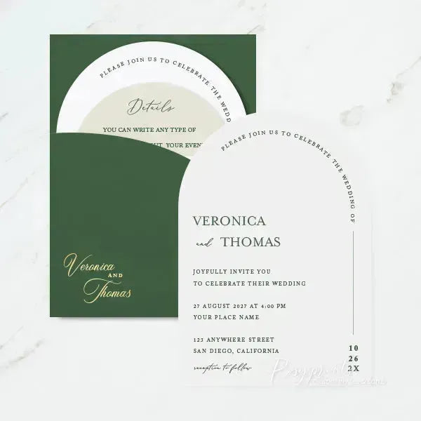 emerald green and gold foil arched wedding invitations