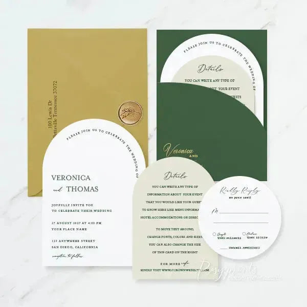 emerald green and gold foil arched wedding invitations