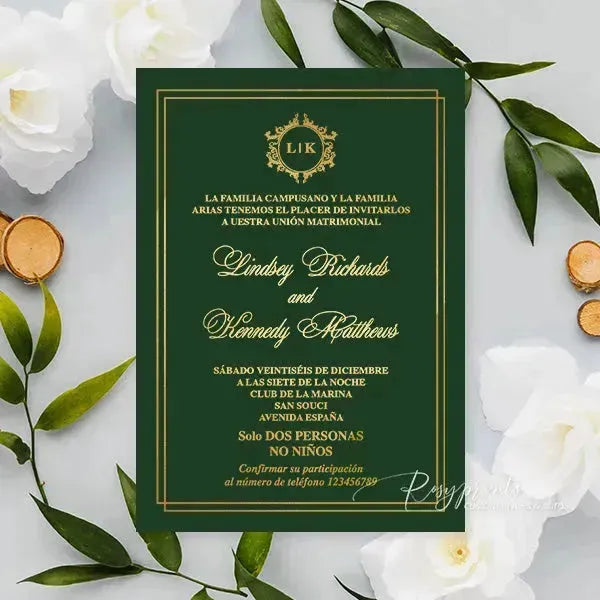 gold foil print emerald green wedding invitations ROSYF06 - Rosy Prints