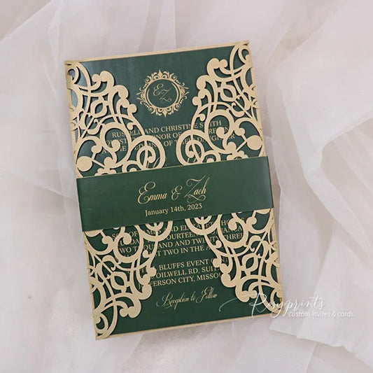 emerald green and gold vintage wedding invitations