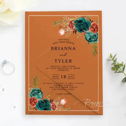 Burnt orange and emerald acrylic wedding invitations ROSYA43