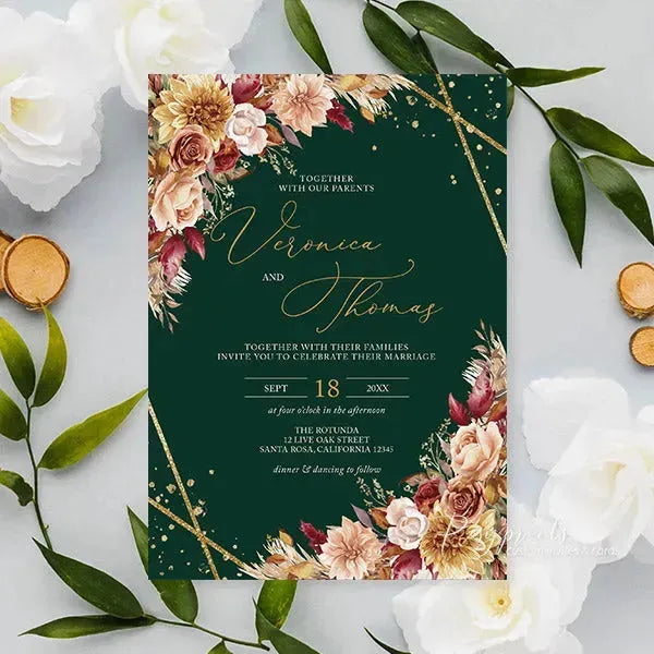 emerald and burnt orange fall wedding invitations RPFLAT07