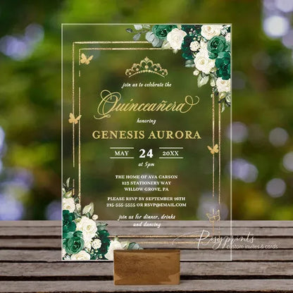 emerald green butterfly acrylic quinceanera invitations ROSYA39