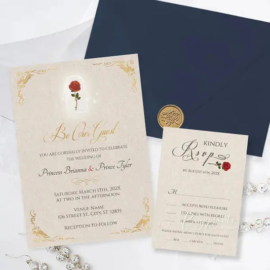 red rose beauty and the beast wedding invitations RPFLAT11