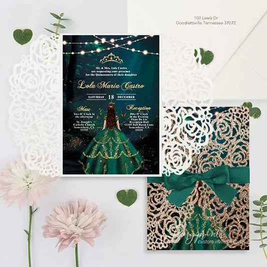 enchanted forest emerald green Quinceanera invitations ROSYG10 - Rosy Prints