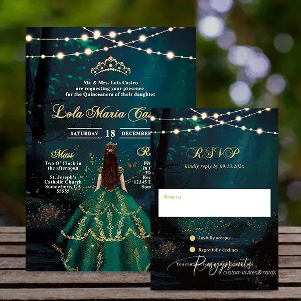 enchanted forest emerald green Quinceanera invitations ROSYG10 - Rosy Prints