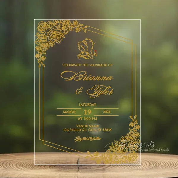 Gold fairytale Beauty and the Beast acrylic wedding invitations ROSYA83 - Rosy Prints