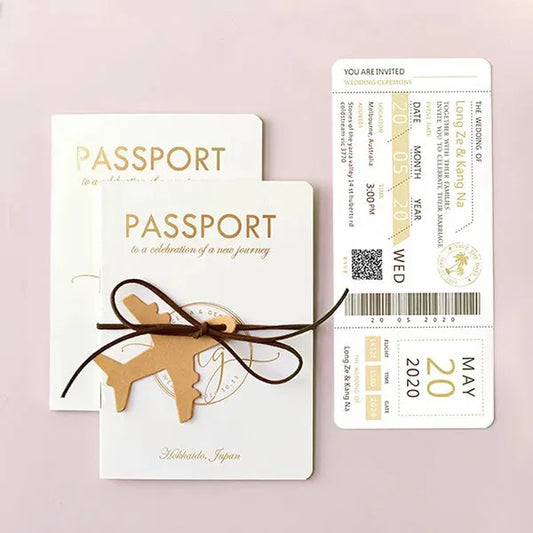 gold foil boarding passport ticket wedding card ROSYF10 - Rosy Prints