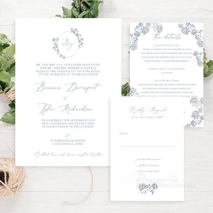 French toile blue garden wedding invitations RPV12