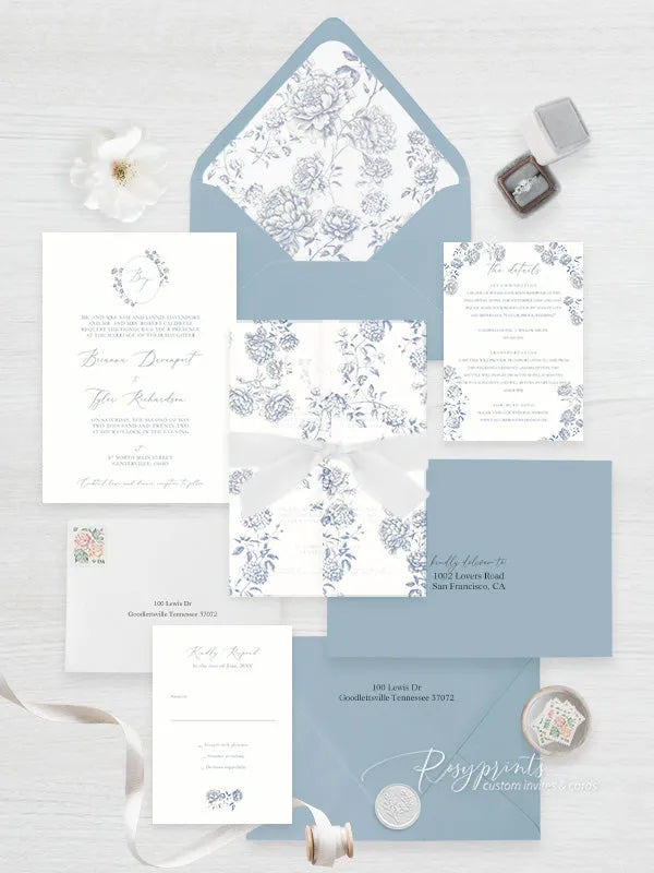 French toile blue garden wedding invitations