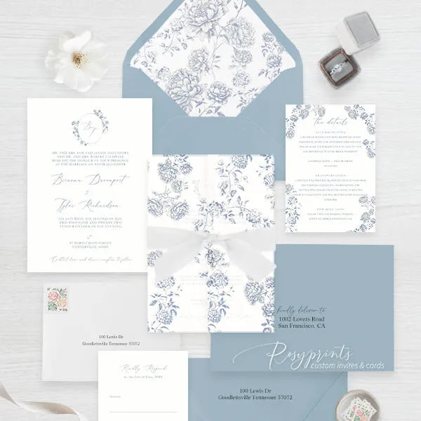 French toile blue garden wedding invitations