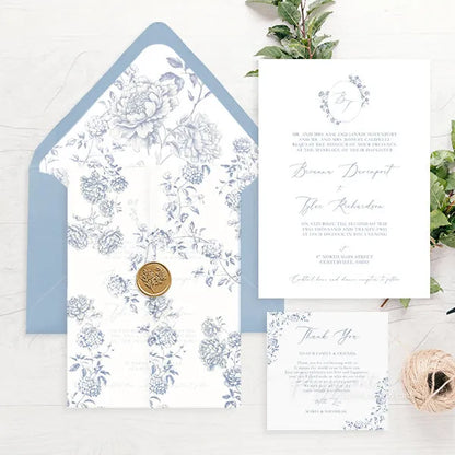 French toile blue garden wedding invitations