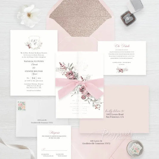 Rose gold blush dusty rose wedding invitations RPV13 - Rosy Prints