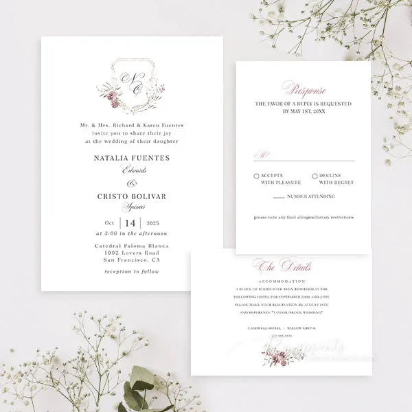 Rose gold blush dusty rose wedding invitations RPV13 - Rosy Prints