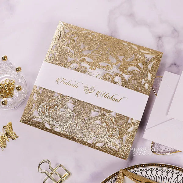 luxury gold foil glitter pocket wedding invitations