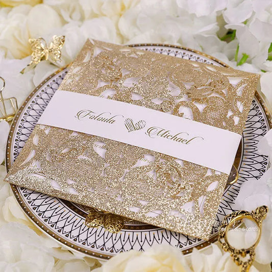 luxury gold foil glitter pocket wedding invitations ROSYP42 - Rosy Prints