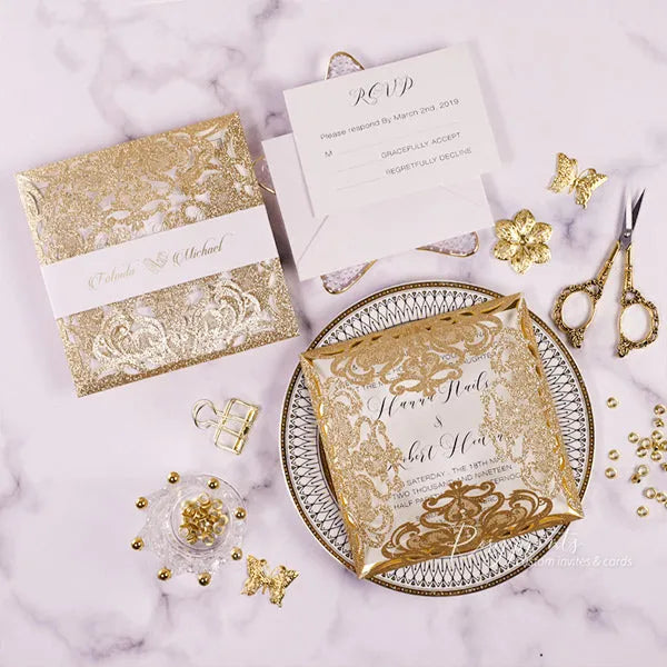 luxury gold foil glitter pocket wedding invitations