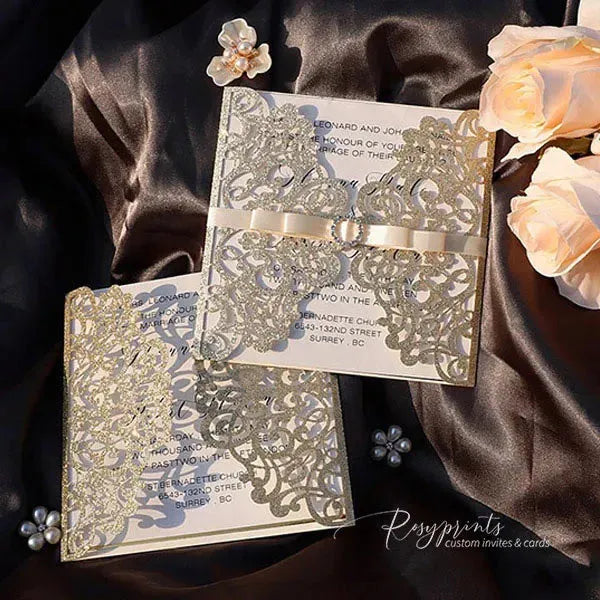 white and gold glitter gatefold wedding invitations ROSYG09