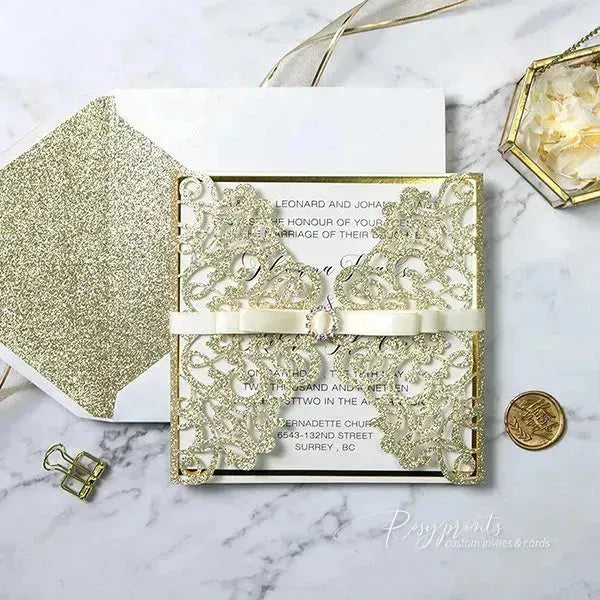 white and gold glitter gatefold wedding invitations ROSYG09