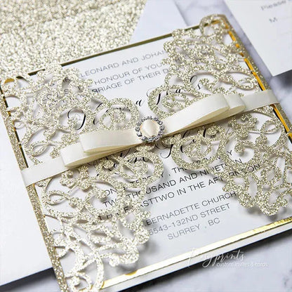 white and gold glitter gatefold wedding invitations ROSYG09