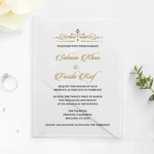 gold swirl clear acrylic wedding invitations ROSYA08 - Rosy Prints